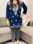 Navy Blue Anisha Rayon Chikankari Handwork Women's Solid Short Kurta