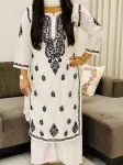 Mulmul Cotton Chikankari Hand Embroidered Women's Solid Long Kurta  - White