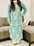 Modal Chikankari Solid Women's Long Kurta  - Army Green