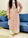 Cotton Chikankari Hand Embroidered Women's Long Kurta  - Onion Pink