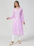 Lilac Aadita Cotton Chikankari Hand Embroidered Women's Floral Long Kurta