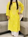Yellow Bani Voil Cotton Chikankari Hand Embroidered Women's Solid Long Kurta