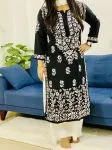 Black Daman Jaal Premium Modal Cotton Chiknakari Hand Embroidered Women's Solid Long Kurta