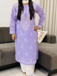 Lavender Bani Voil Cotton Chikankari Hand Embroidered Women's Solid Long Kurta