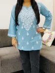 English Blue Ekra Cotton Chikankari Hand Embroidered Solid Women's Short Kurta