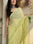 Lime Green Hansa Tapchi Chikankari Hand Embroidered Women's Saree