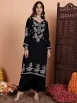Rayon Chikankari Hand Embroidered Women's Long Kurta  - Black