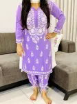 Lavender Sangria Premium Rayon Chikankari Hand Embroidered Solid Women's Kurta-Dhoti Set