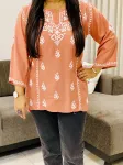 Rayon Chikankari Hand Embroidered Solid Women's Short Top  - Peach