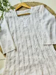 Resham Chikankari Hand Embroidered Women's Anarkali Long Kurta  - White