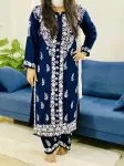 Navy Blue Anaisha Rayon Chikankari Hand Embroidered Women's Solid Kurta Palazzo Set
