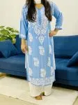 Powder Blue Jannat Modal Chikankari Solid Women's Long Kurta