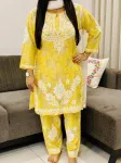 Yellow Vaani Mulmul Chikankari Hand Embroidered Floral Women's co-ord set