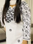 Mulmul Cotton Chikankari Hand Embroidered Solid Women's Long Kurta  - White