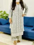 Grey Anaisha Rayon Chikankari Hand Embroidered Women's Solid Kurta Palazzo Set