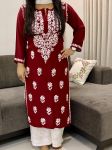 Rayon Chikankari Handwork Women's Solid Long Straight Kurta  - Maroon