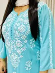 Premium Modal Chikankari Hand Embroidered Women's Solid Long Kurta  - Aqua