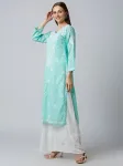 Cotton Chikankari Hand Embroidered Women's Floral Long Kurta  - Aqua