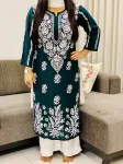 Bottle Green Naaz Premium Modal Chikankari Hand Embroidered Women's Solid Long Kurta