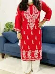 Red Rosa Modal Chikankari Solid Women's Long Kurta
