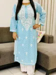 Cotton Chikankari Hand Embroidered Women's Floral Long Kurta  - Sky