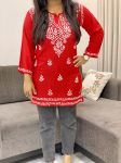 Red Anisha Rayon Chikankari Handwork Women's Solid Short Kurta