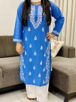 Powder Blue Aanvi Cotton Chikankari Women's Solid Long Kurta