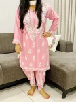 Baby Pink Sangria Premium Rayon Chikankari Hand Embroidered Solid Women's Kurta-Dhoti Set