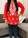 Tomato Pink Sitara Cotton Chikankari Hand embroidered Women's Short Kurta
