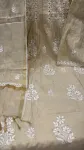 Mul-Chanderi Chikankari Hand Embroidered Women's Anarkali Kurta Set  - Beige
