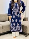 Modal Chikankari Handwork Women's Straight Long Kurta  - Navy Blue