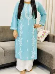 Aqua Ahana Cotton Chikankari Women's Solid Long Kurta