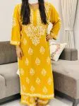 Mustard Ritika Rayon Chikankari Hand Embroidered Solid Women's Long Kurta Palazzo Set