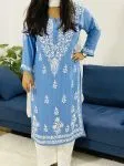 Premium Modal Chikankari Solid Women's Long Kurta  - Powder Blue