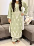 Rayon Chikankari Handwork women kurta palazzo set  - English Green