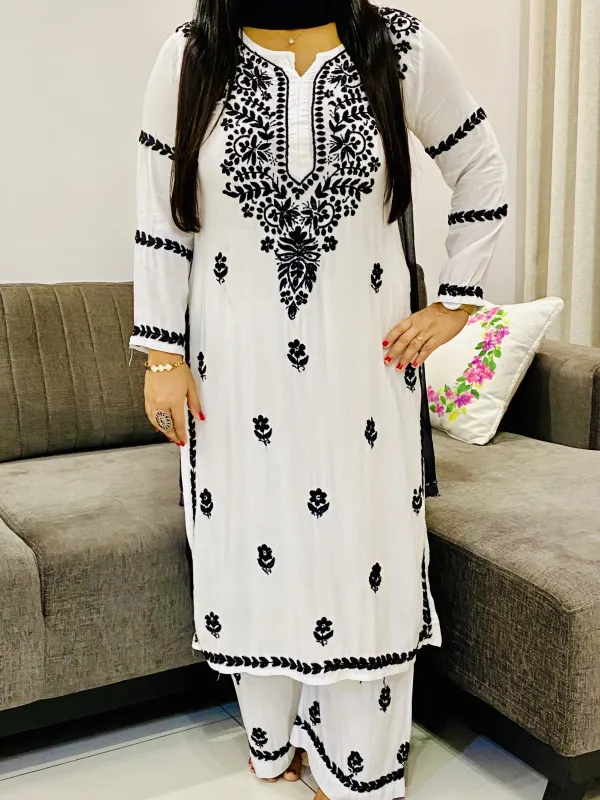 White Sheela Rayon Chikankari Hand Embroidered Women's Solid Long Kurta Palazzo set