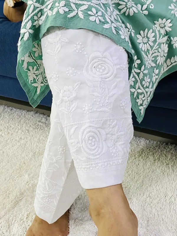 White Rose Design Chikankari Aari Work Women's Pant - White