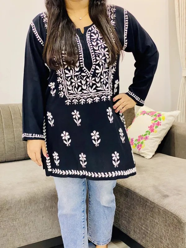 Rayon Chikankari Handwork Solid Women's Short Kurta
