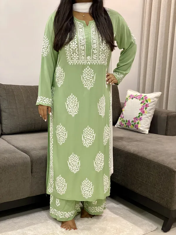 Pista Bellate Premium Modal Chikankari Hand Embroidered Solid Women's Kurta Palazzo Set