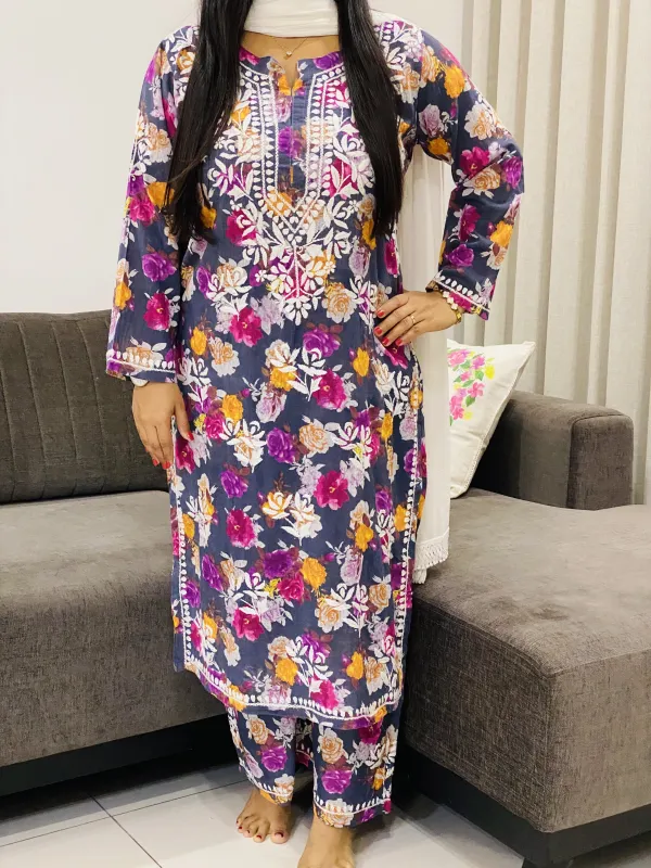 Mulmul Chikankari Hand Embroidered Floral Women's Long Kurta Palazzo Set