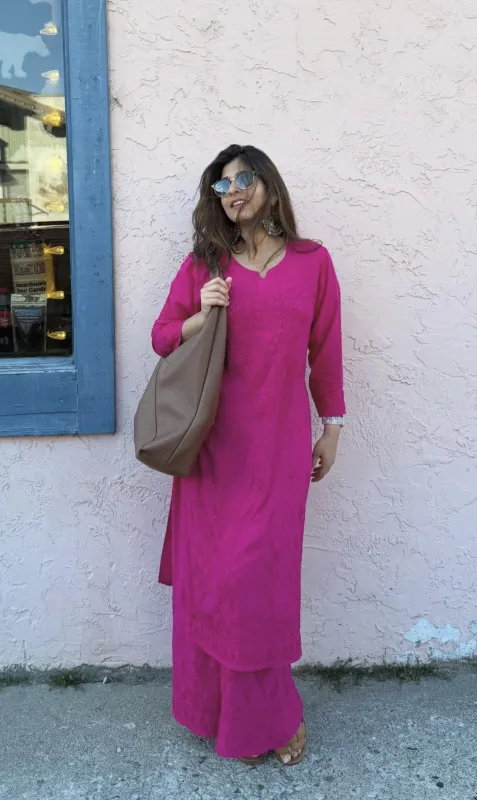 Rani Pink Palak Premium Chikankari Hand Embroidered Kurta Palazzo Set