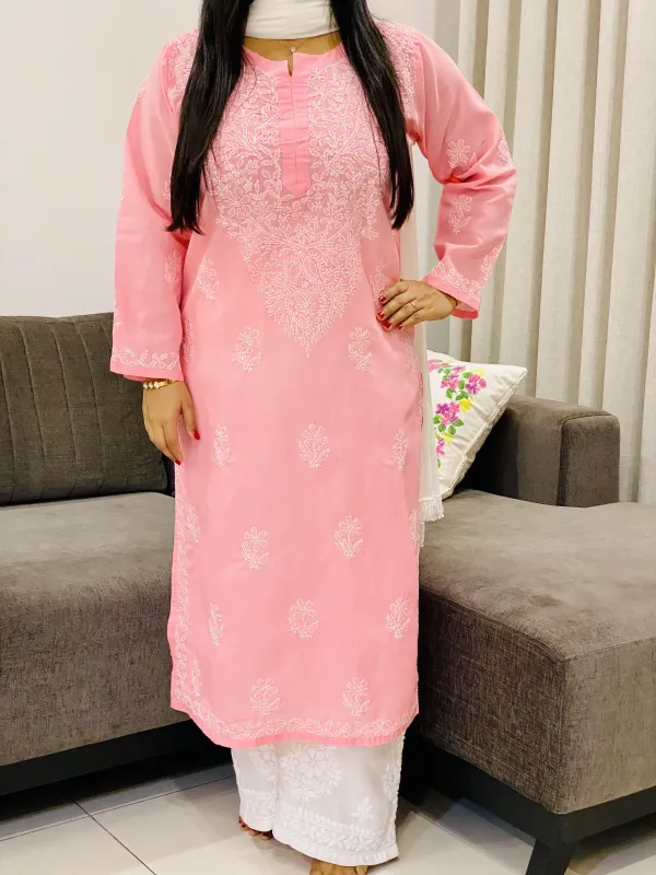 Voil Cotton Chikankari Hand Embroidered Women's Solid Long Kurta