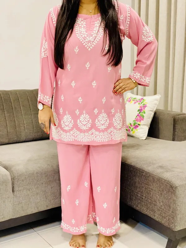 Rose Pink Trisha Rayon Chikankari Handwork Women's Co-ord Set