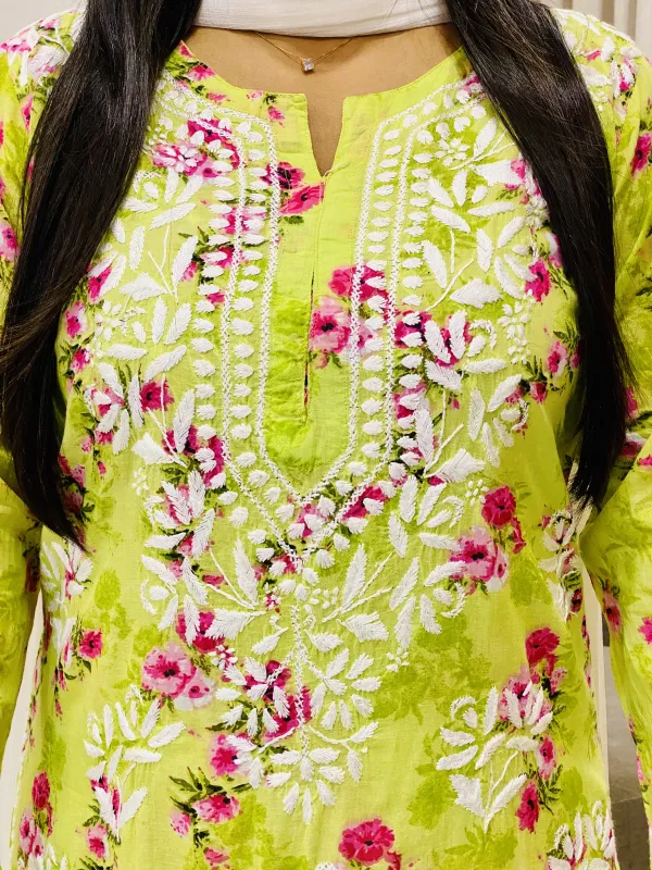 Green Diana Mulmul Chikankari Hand Embroidered Floral Women's Long Kurta Palazzo Set