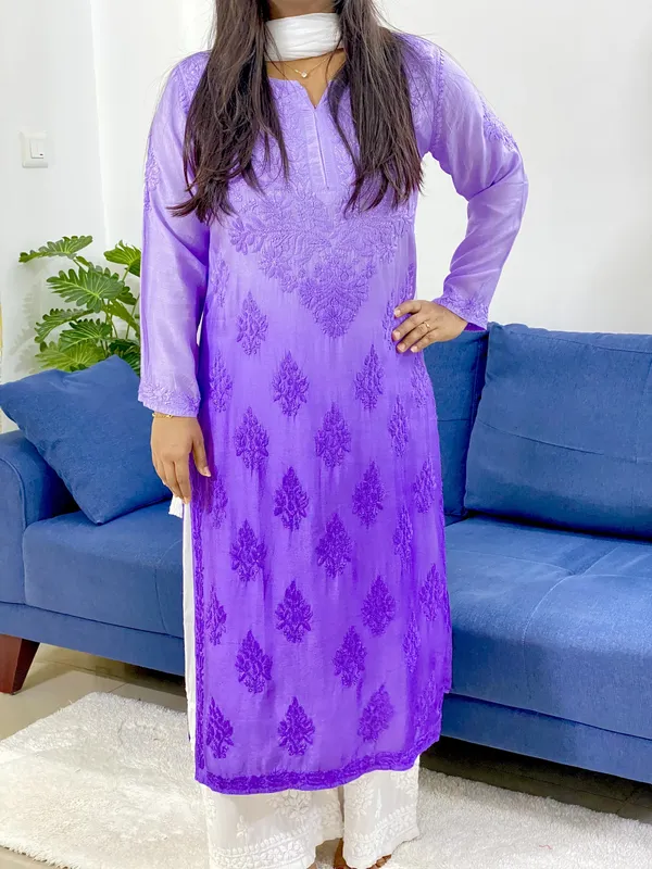 Lavender 3D Muslin Silk Chikankari Handwork Ombre Women's Long Kurti