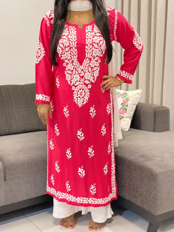 Tomato Pink Falak 3D Chikankari Hand Embroidery Design Rayon Womens Kurta