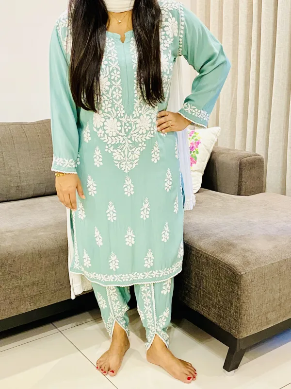 Army Green Sangria Premium Rayon Chikankari Hand Embroidered Solid Women's Kurta-Dhoti Set