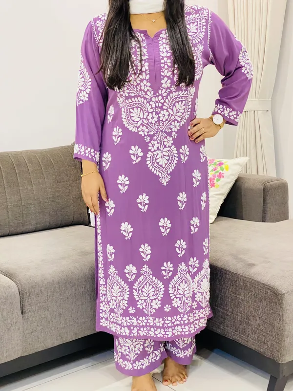 Premium Modal Chikankari Hand Embroidered Women's Solid Long Kurta Palazzo Set