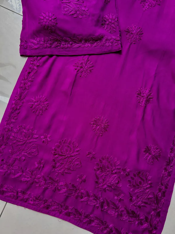 Purple Palak Premium Chikankari Hand Embroidered Kurta Palazzo Set