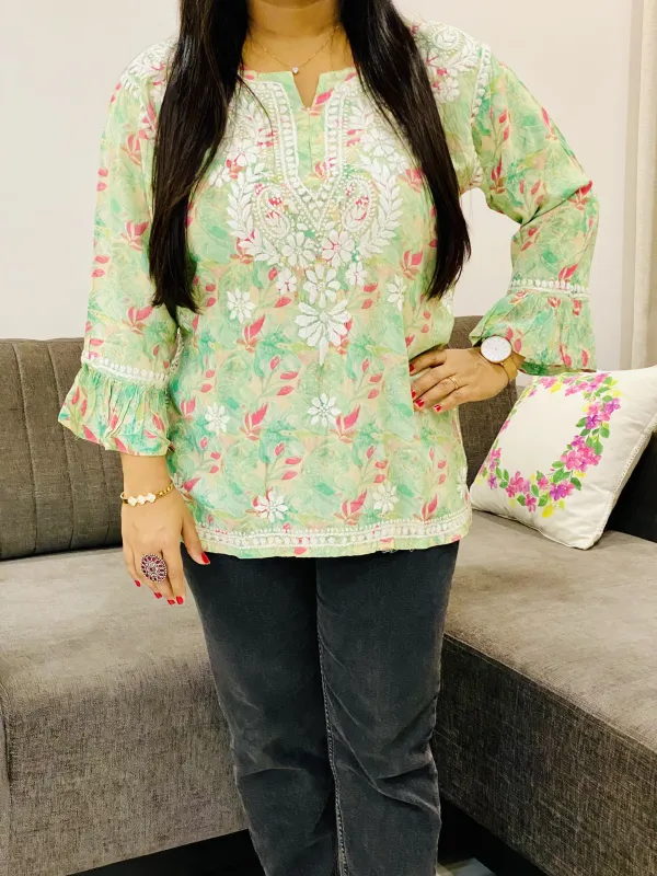 Pista Bell Fancy Sleeve Chikankari Hand Embroidered Women's Floral Short Kurta